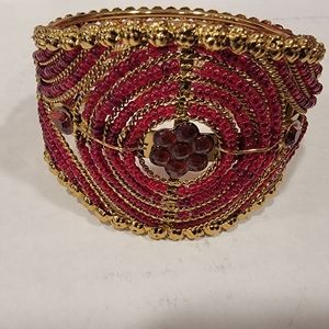 Beaded Hinged Cuff Bracelet, Gold Tone and Red Beads